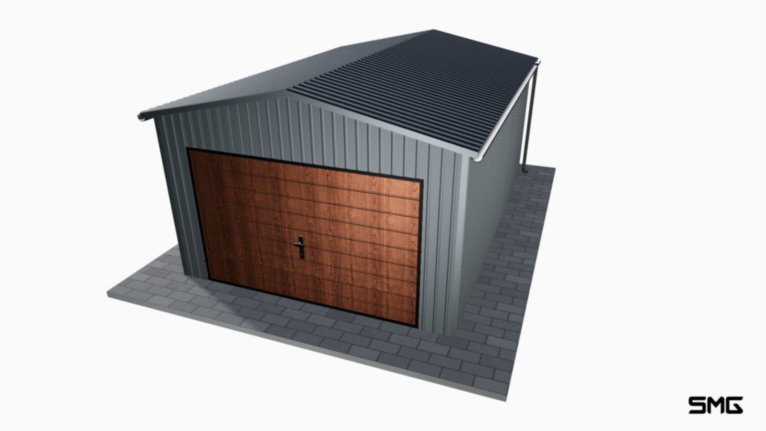 Garaż blaszany BTX 3.5x6 m dwuspad / Brama uchylna (T7) / Okucia / Rynny