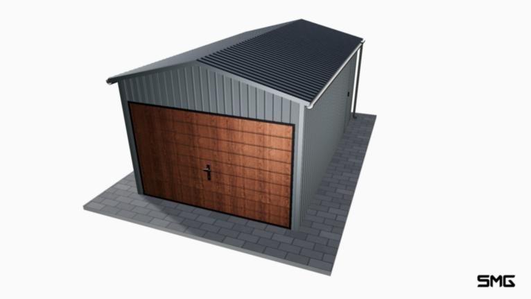 Garaż blaszany BTX 3x5 m dwuspad / Brama uchylna (T7) / Automat / Okucia / Rynny / Drzwi