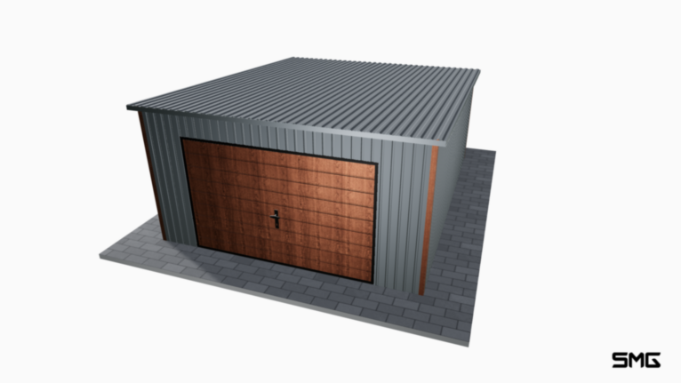 Garaż blaszany BTX 4x5 m spad do tyłu / Brama uchylna (T7) / Okucia