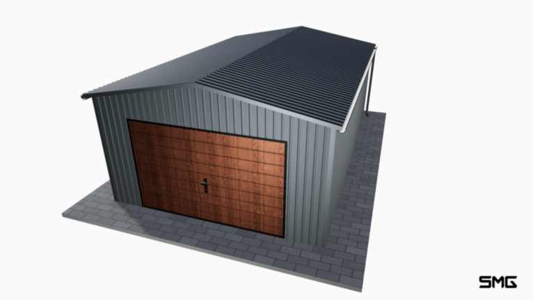 Garaż blaszany BTX 4x6 m dwuspad / Brama uchylna (T7) / Okucia / Rynny