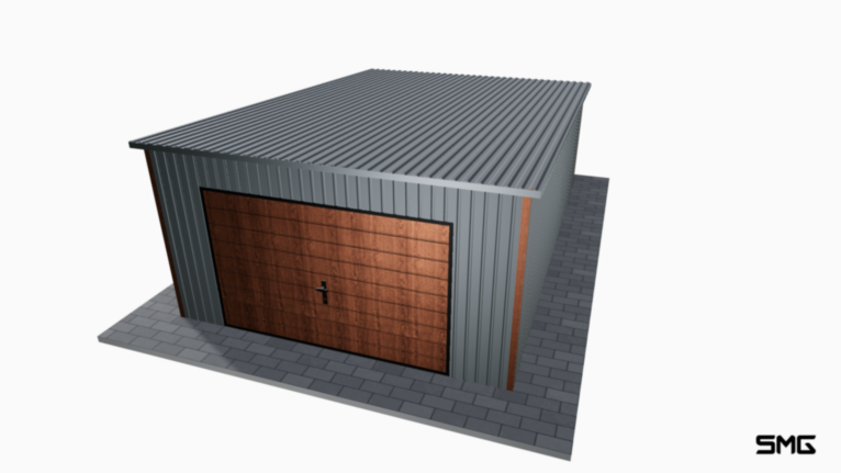 Garaż blaszany BTX 4x6 m spad do tyłu / Brama uchylna (T7) / Okucia