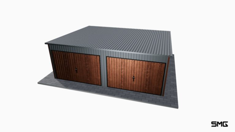 Garaż blaszany BTX 6x5 m spad do tyłu / Bramy uchylne / Okucia