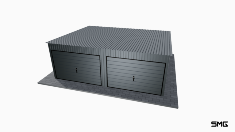 Garaż blaszany BTX 6x5 m spad do tyłu / Bramy uchylne (T7)