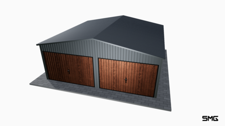 Garaż blaszany BTX 6x6 m dwuspad / Bramy uchylne / Okucia narożne