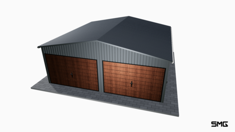 Garaż blaszany BTX 6x6 m dwuspad / Bramy uchylne (T7) / Automaty / Okucia / Rynny / Drzwi