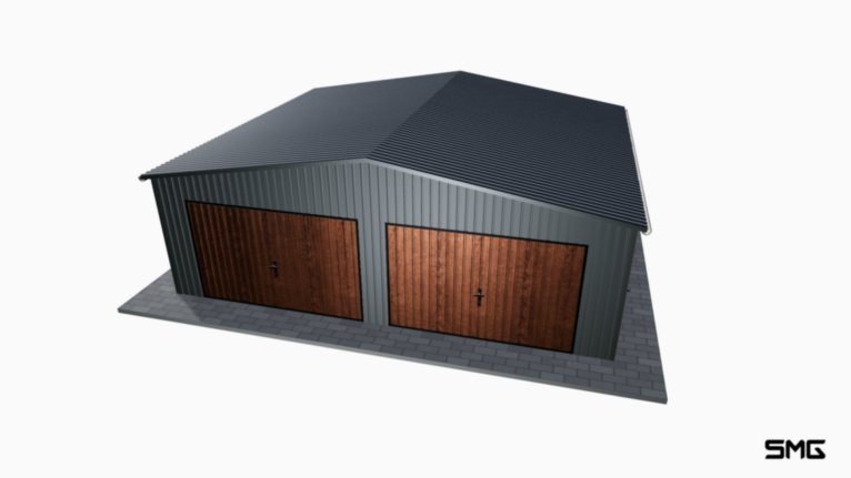 Garaż blaszany BTX 7x6 m dwuspad / Bramy uchylne / Okucia / Rynny / Drzwi