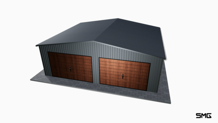 Garaż blaszany BTX 7x6 m dwuspad / Bramy uchylne (T7) / Automaty / Okucia / Rynny / Drzwi / Okna