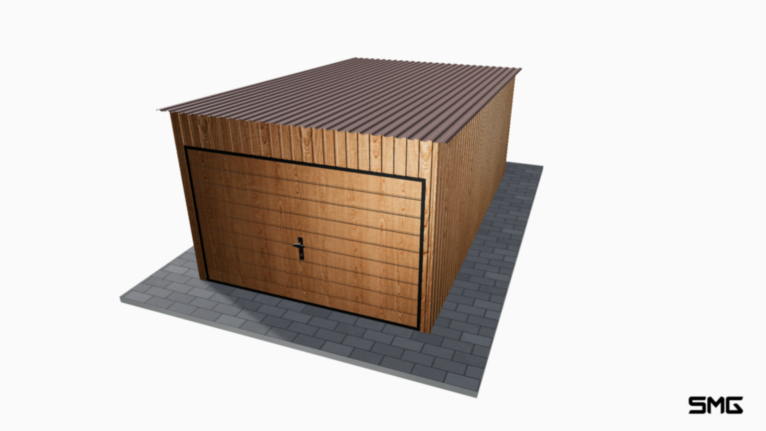 Garaż Blaszany imitacja drewna 3x5 m spad do tyłu / Brama uchylna (T7)